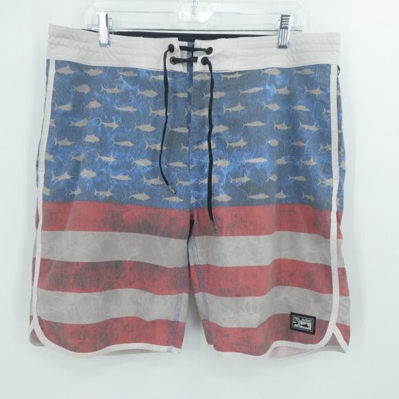 PELAGIC Shorts‎ Mens 34 Red White Blue Board High Performance Swim Americano - Picture 1 of 13